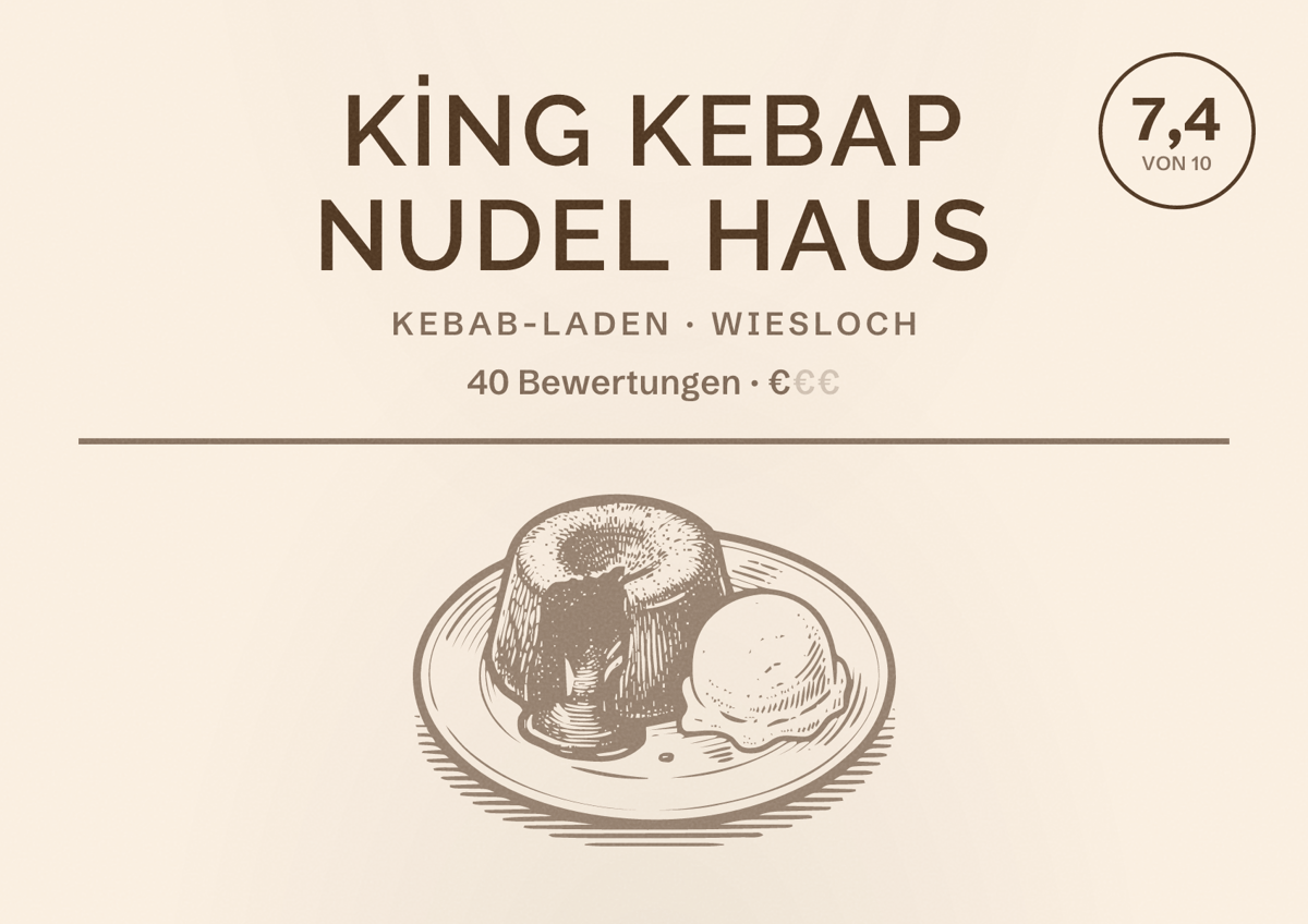 Illustriertes Poster von KİNG Kebap Nudel Haus, Kebab-Laden in Wiesloch: Bewertung 7,4 von 10 aus 40 Bewertungen, Preisniveau €