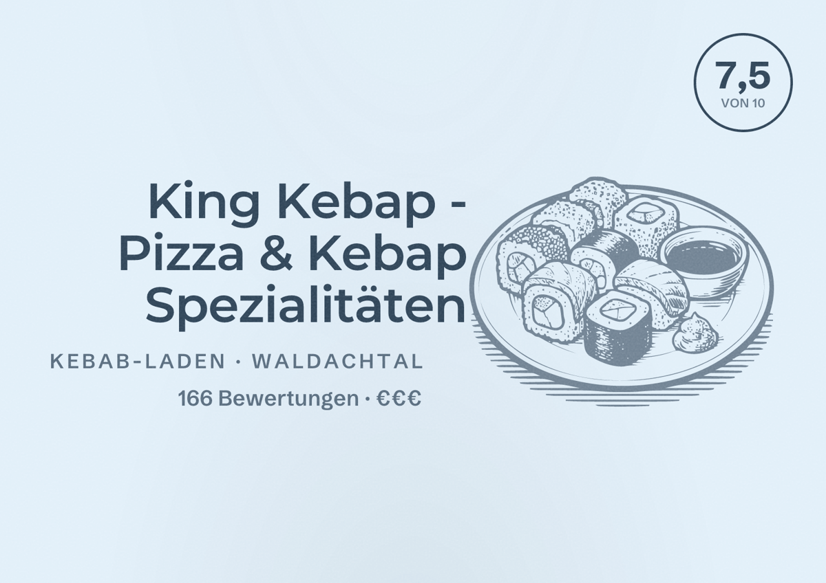 Illustriertes Poster von King Kebap - Pizza & Kebap Spezialitäten, Kebab-Laden in Waldachtal: Bewertung 7,5 von 10 aus 166 Bewertungen, Preisniveau €€€