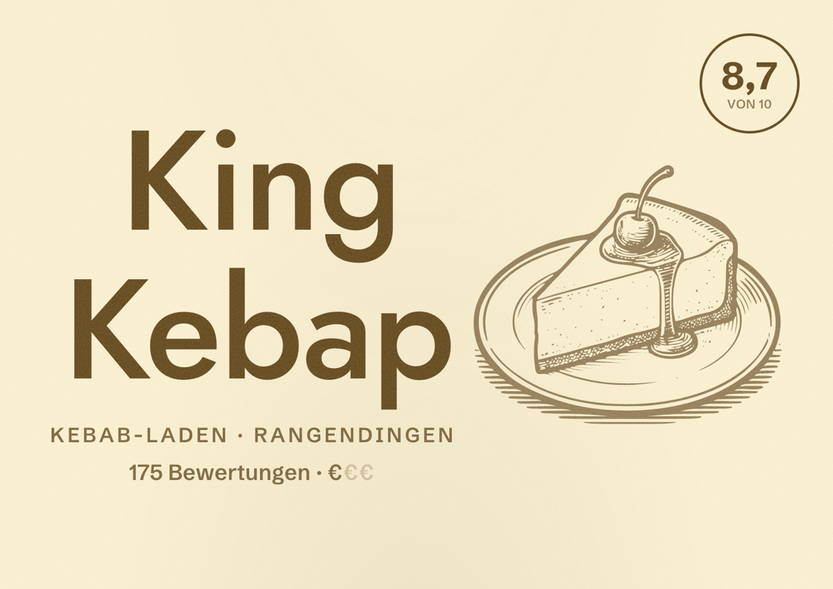 Illustriertes Poster von King Kebap, Kebab-Laden in Rangendingen: Bewertung 8,7 von 10 aus 175 Bewertungen, Preisniveau €