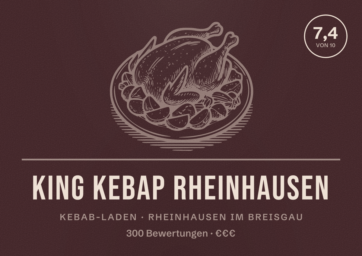 Illustriertes Poster von King Kebap Rheinhausen, Kebab-Laden in Rheinhausen im Breisgau: Bewertung 7,4 von 10 aus 300 Bewertungen, Preisniveau €€€
