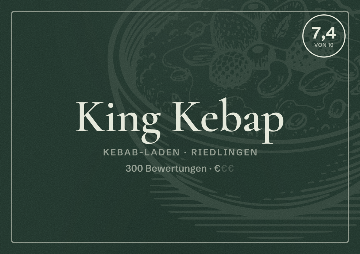 Illustriertes Poster von King Kebap, Kebab-Laden in Riedlingen: Bewertung 7,4 von 10 aus 300 Bewertungen, Preisniveau €
