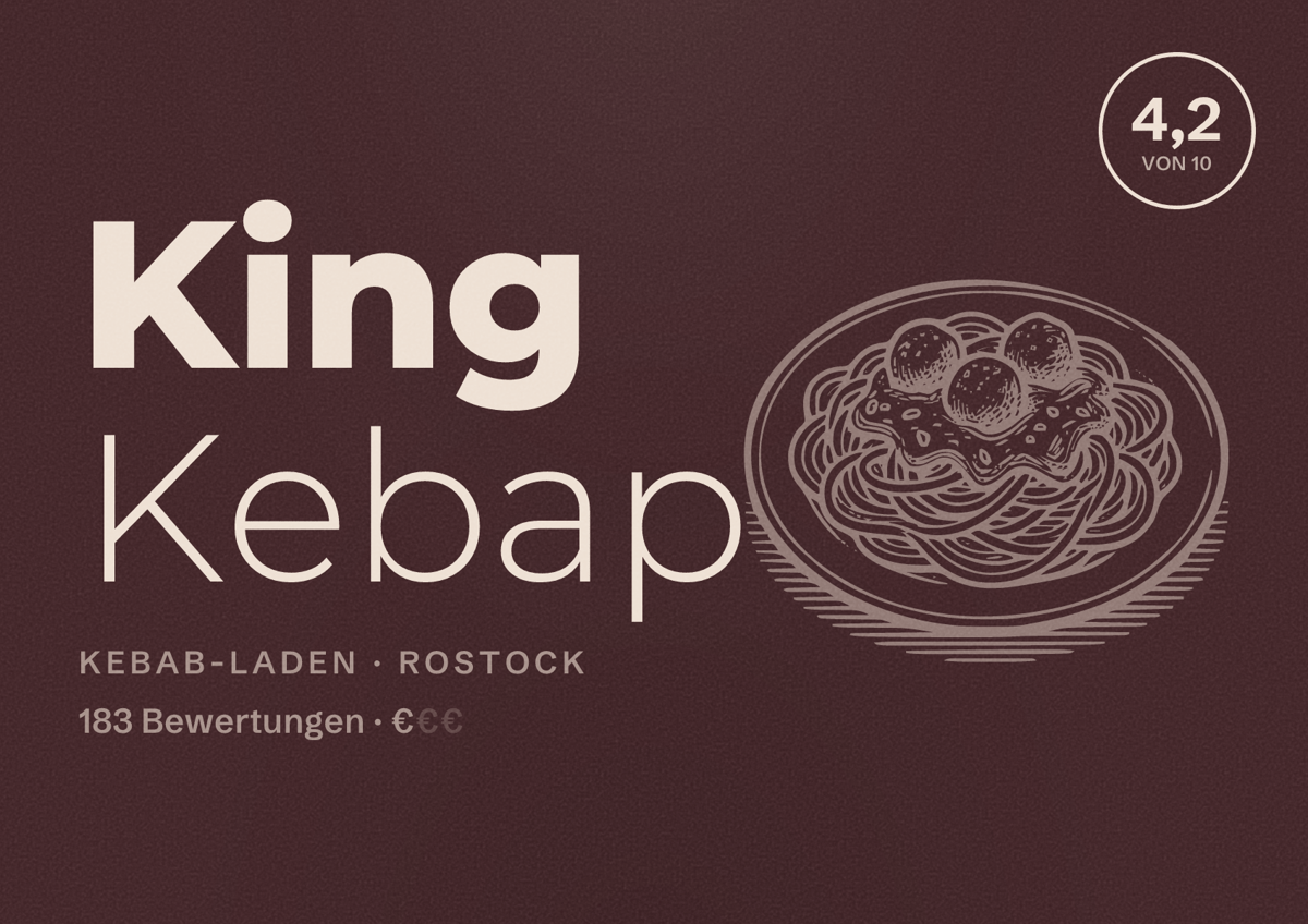 Illustriertes Poster von King Kebap, Kebab-Laden in Rostock: Bewertung 4,2 von 10 aus 183 Bewertungen, Preisniveau €