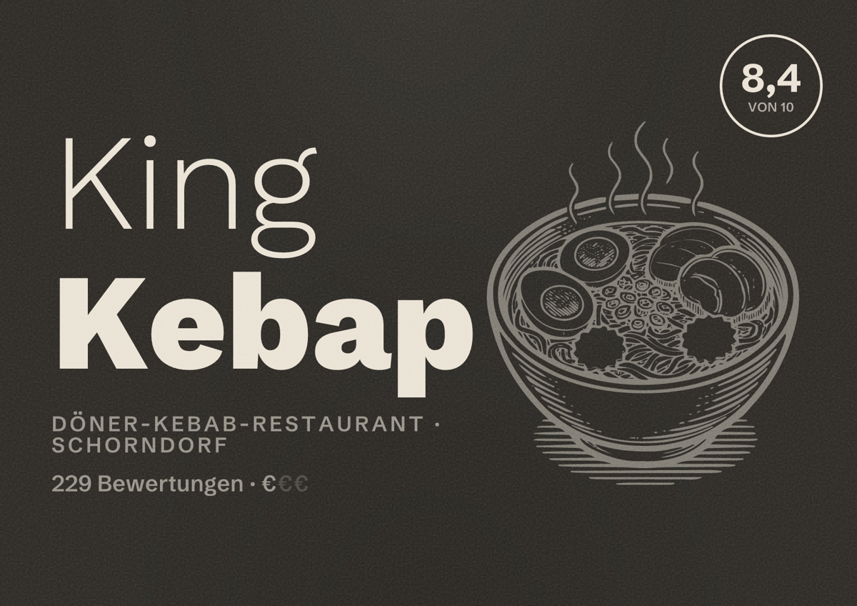 Illustriertes Poster von King Kebap, Döner-Kebab-Restaurant in Schorndorf: Bewertung 8,4 von 10 aus 229 Bewertungen, Preisniveau €