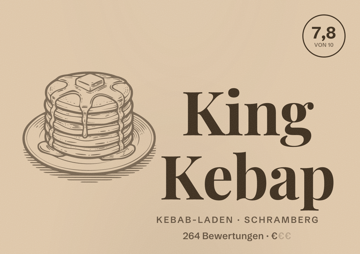 Illustriertes Poster von King Kebap, Kebab-Laden in Schramberg: Bewertung 7,8 von 10 aus 264 Bewertungen, Preisniveau €