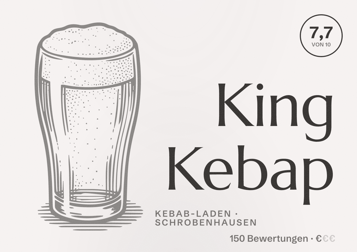Illustriertes Poster von King Kebap, Kebab-Laden in Schrobenhausen: Bewertung 7,7 von 10 aus 150 Bewertungen, Preisniveau €