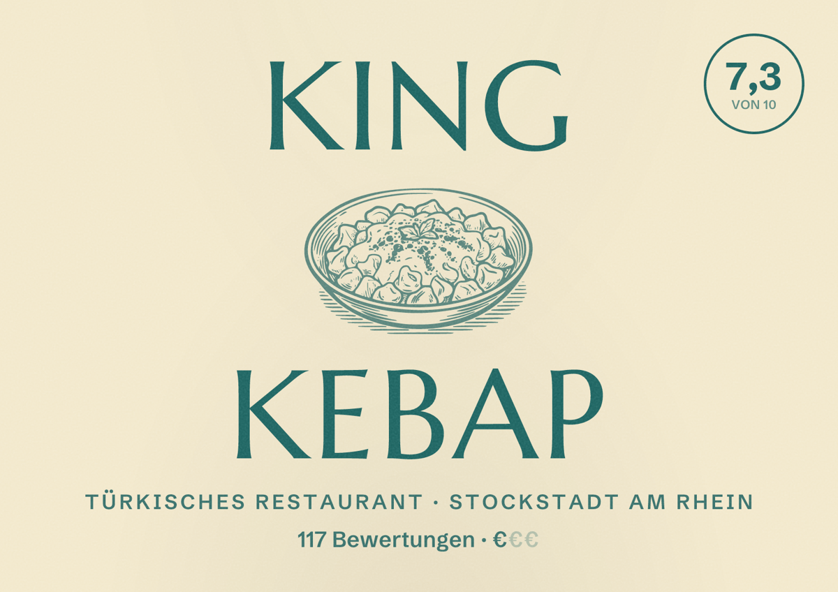 Illustriertes Poster von King Kebap, Türkisches Restaurant in Stockstadt am Rhein: Bewertung 7,3 von 10 aus 117 Bewertungen, Preisniveau €