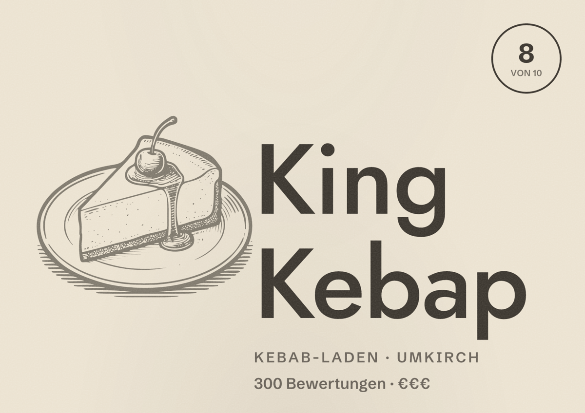 Illustriertes Poster von King Kebap, Kebab-Laden in Umkirch: Bewertung 8 von 10 aus 300 Bewertungen, Preisniveau €€€