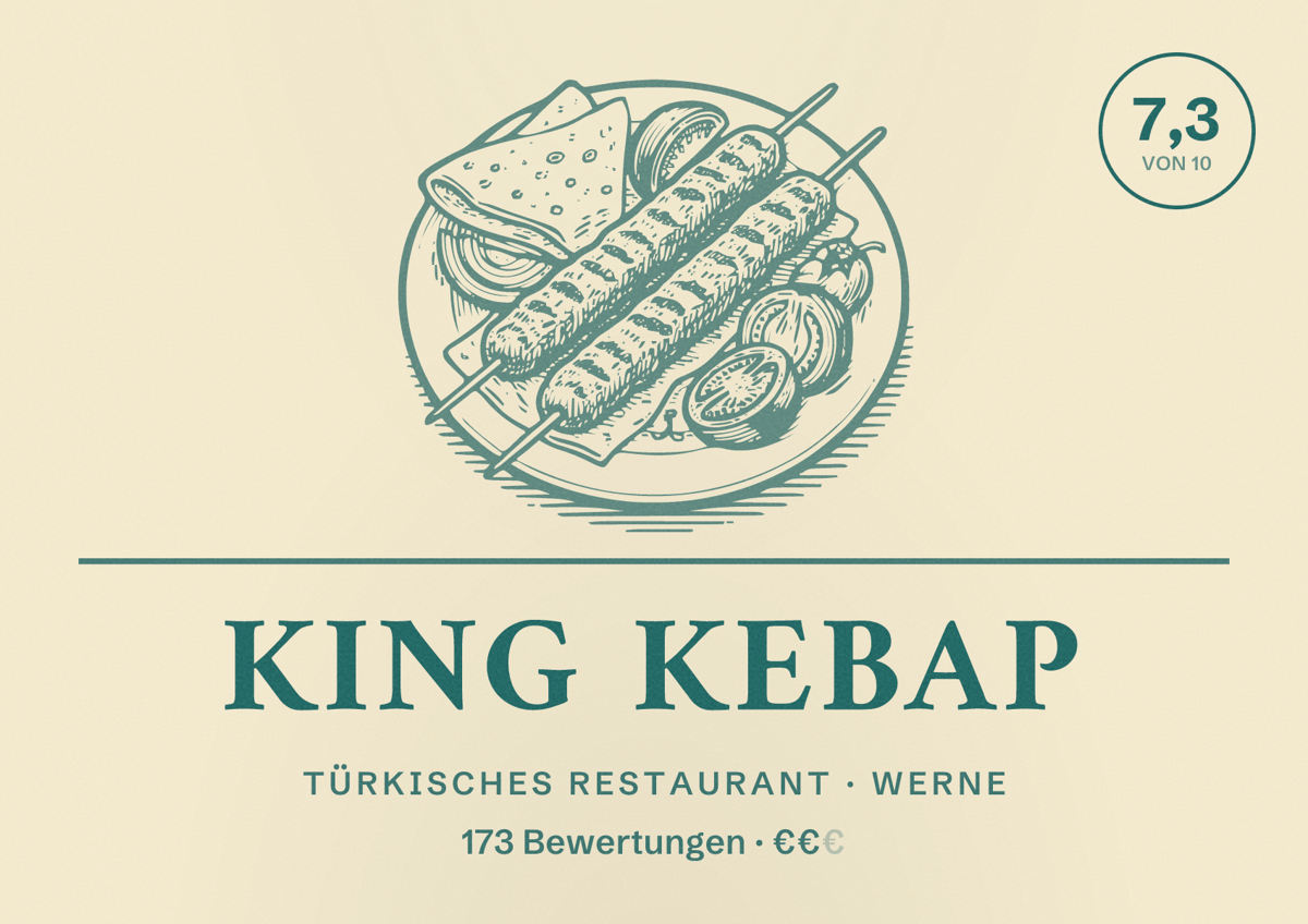 Illustriertes Poster von KING KEBAP, Türkisches Restaurant in Werne: Bewertung 7,3 von 10 aus 173 Bewertungen, Preisniveau €€