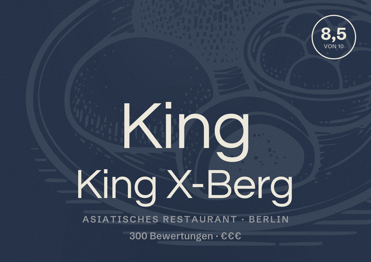 Illustriertes Poster von King King X-Berg, Asiatisches Restaurant in Berlin: Bewertung 8,5 von 10 aus 300 Bewertungen, Preisniveau €€€