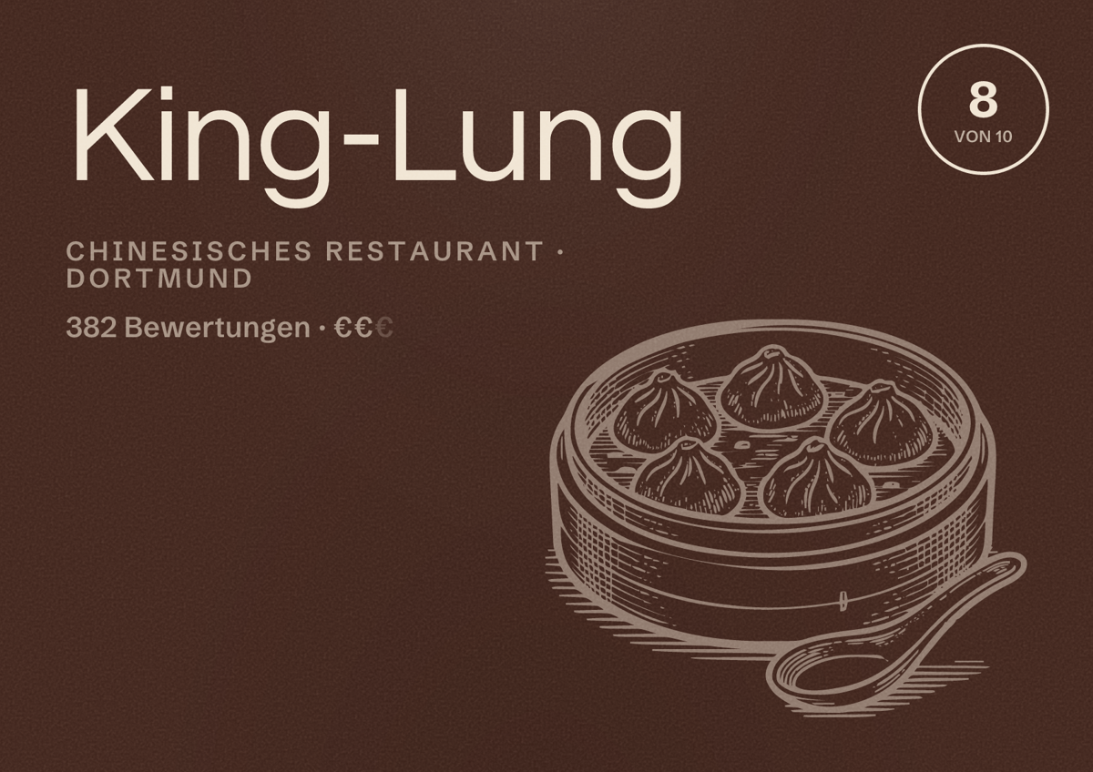 Illustriertes Poster von King-Lung, Chinesisches Restaurant in Dortmund: Bewertung 8 von 10 aus 382 Bewertungen, Preisniveau €€