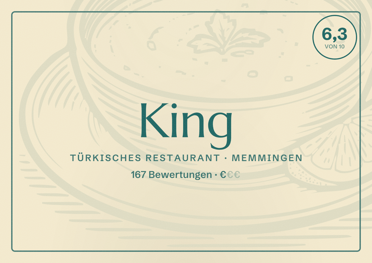 Illustriertes Poster von King, Türkisches Restaurant in Memmingen: Bewertung 6,3 von 10 aus 167 Bewertungen, Preisniveau €