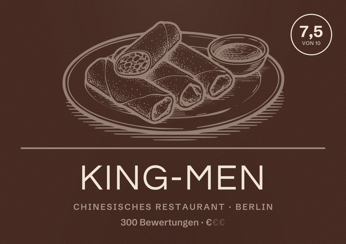 Illustriertes Poster von King-Men, Chinesisches Restaurant in Berlin: Bewertung 7,5 von 10 aus 300 Bewertungen, Preisniveau €