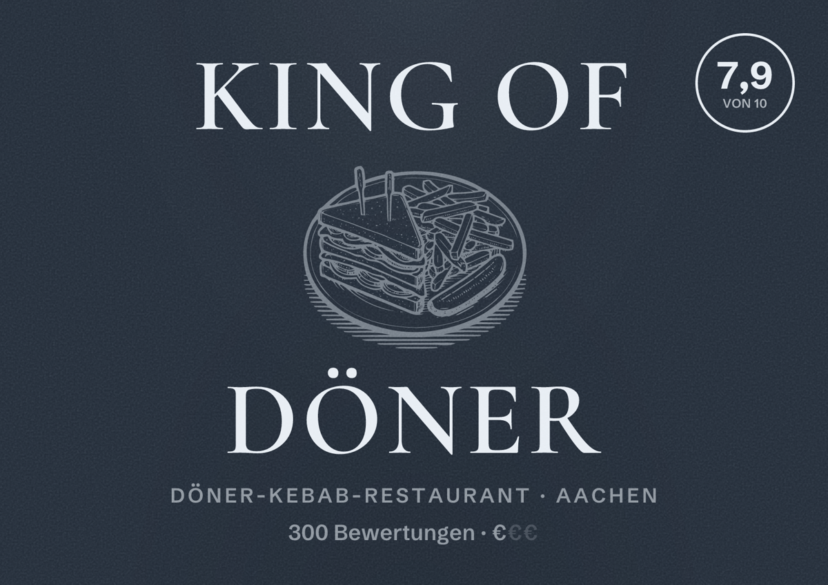 Illustriertes Poster von King of Döner, Döner-Kebab-Restaurant in Aachen: Bewertung 7,9 von 10 aus 300 Bewertungen, Preisniveau €