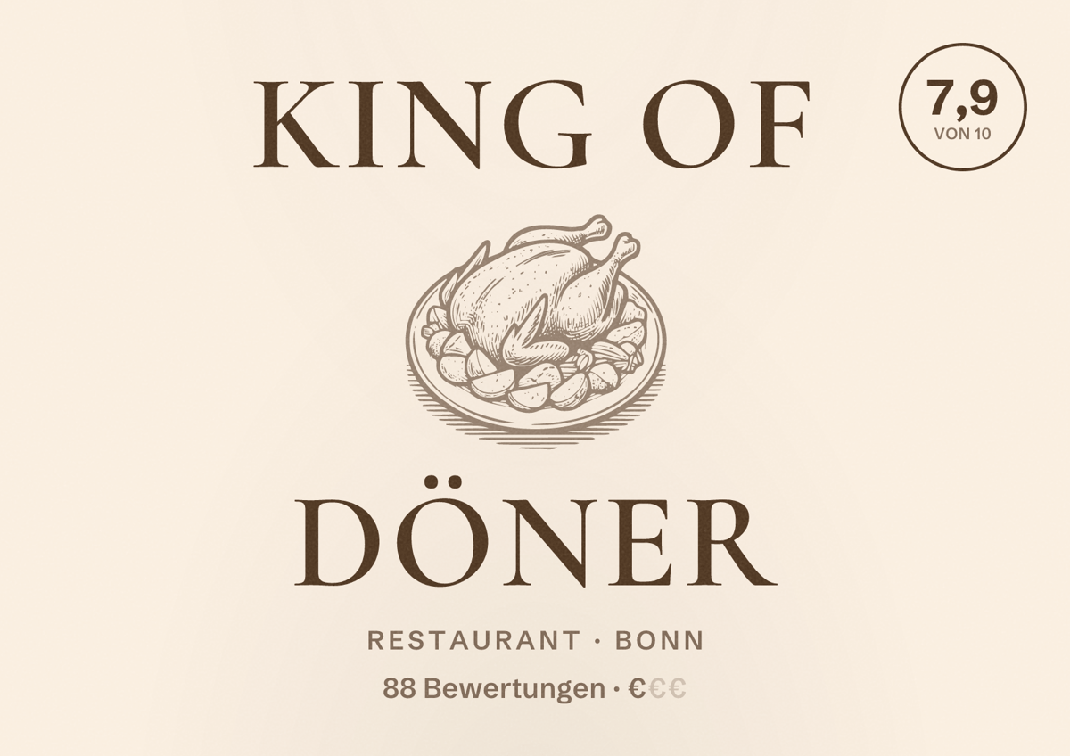 Illustriertes Poster von King of Döner, Restaurant in Bonn: Bewertung 7,9 von 10 aus 88 Bewertungen, Preisniveau €