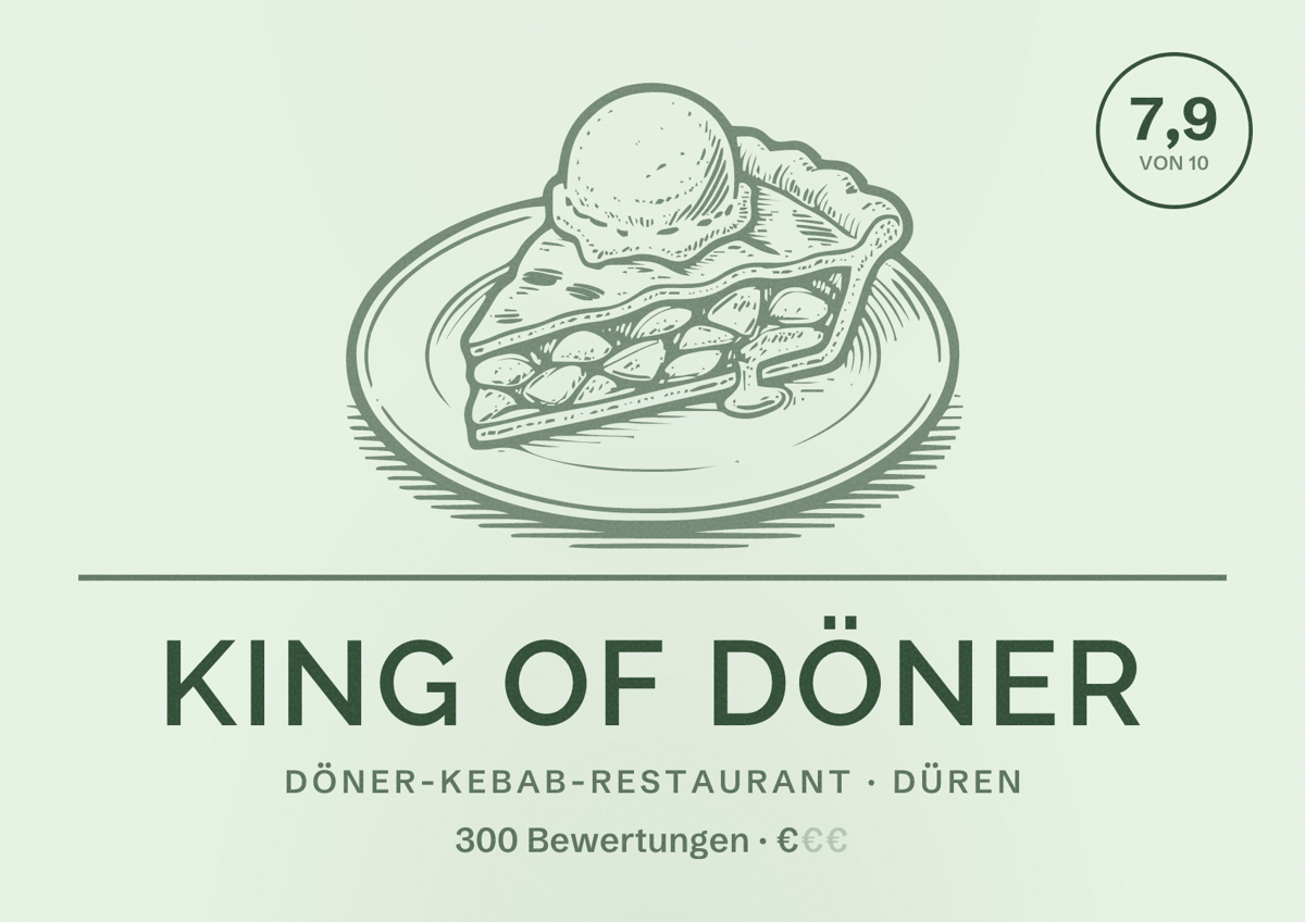Illustriertes Poster von King of Döner, Döner-Kebab-Restaurant in Düren: Bewertung 7,9 von 10 aus 300 Bewertungen, Preisniveau €
