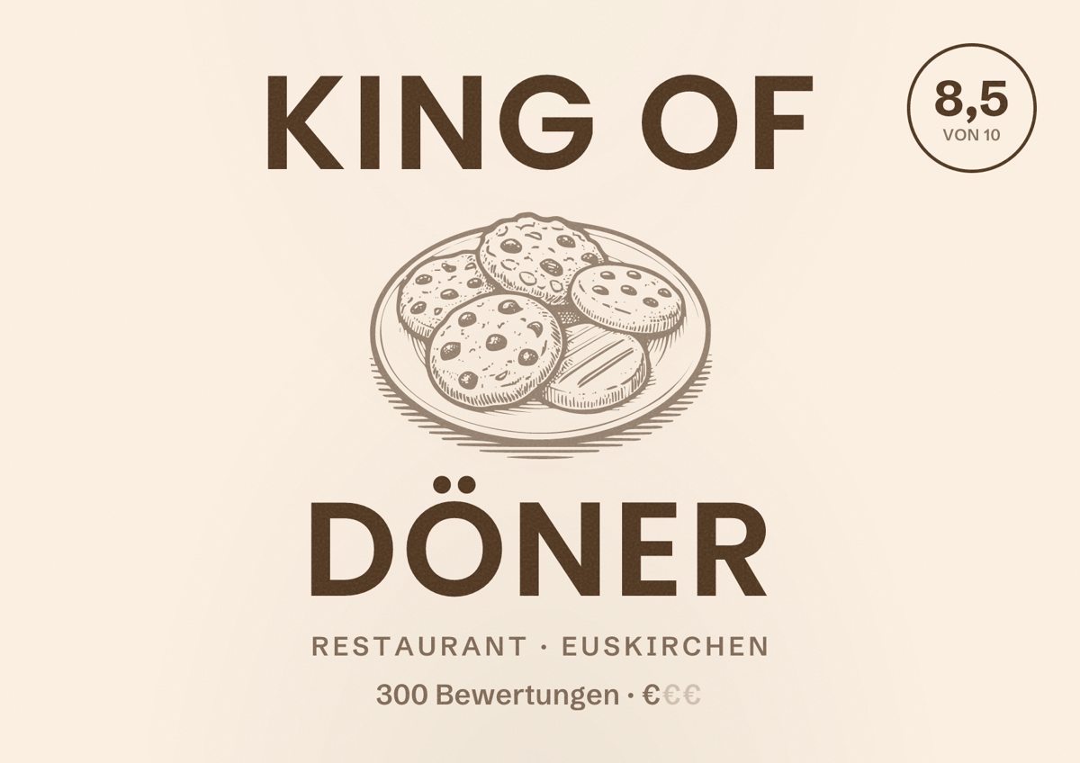 Illustriertes Poster von King of Döner, Restaurant in Euskirchen: Bewertung 8,5 von 10 aus 300 Bewertungen, Preisniveau €