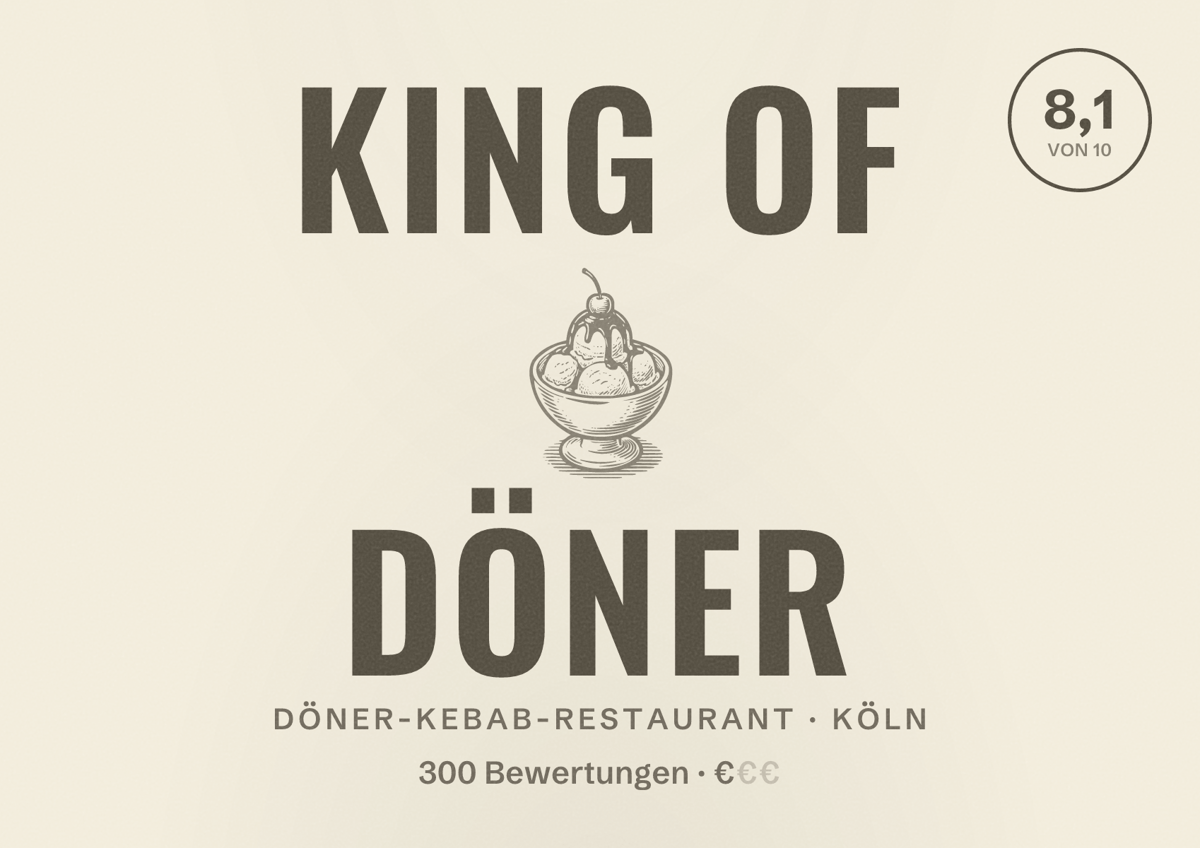 Illustriertes Poster von King of Döner, Döner-Kebab-Restaurant in Köln: Bewertung 8,1 von 10 aus 300 Bewertungen, Preisniveau €