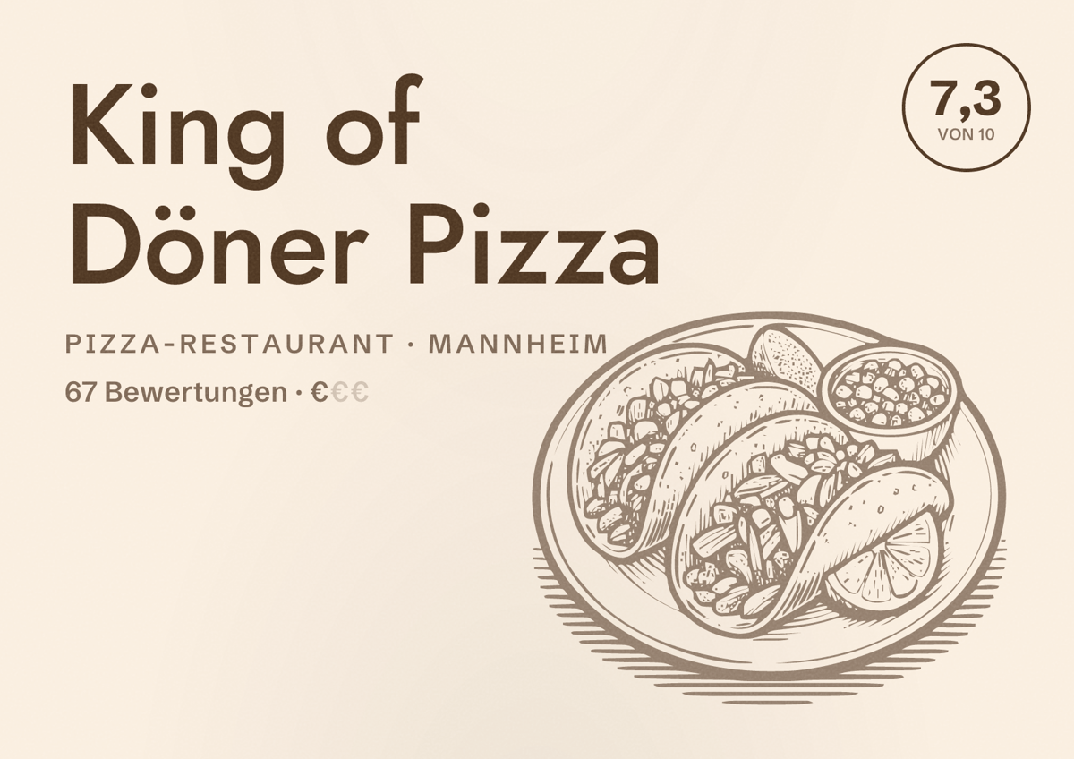 Illustriertes Poster von King of Döner Pizza, Pizza-Restaurant in Mannheim: Bewertung 7,3 von 10 aus 67 Bewertungen, Preisniveau €