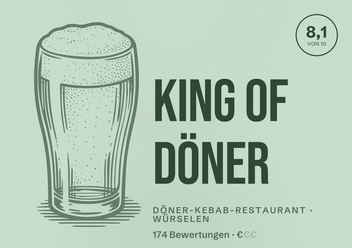 Illustriertes Poster von King of Döner, Döner-Kebab-Restaurant in Würselen: Bewertung 8,1 von 10 aus 174 Bewertungen, Preisniveau €