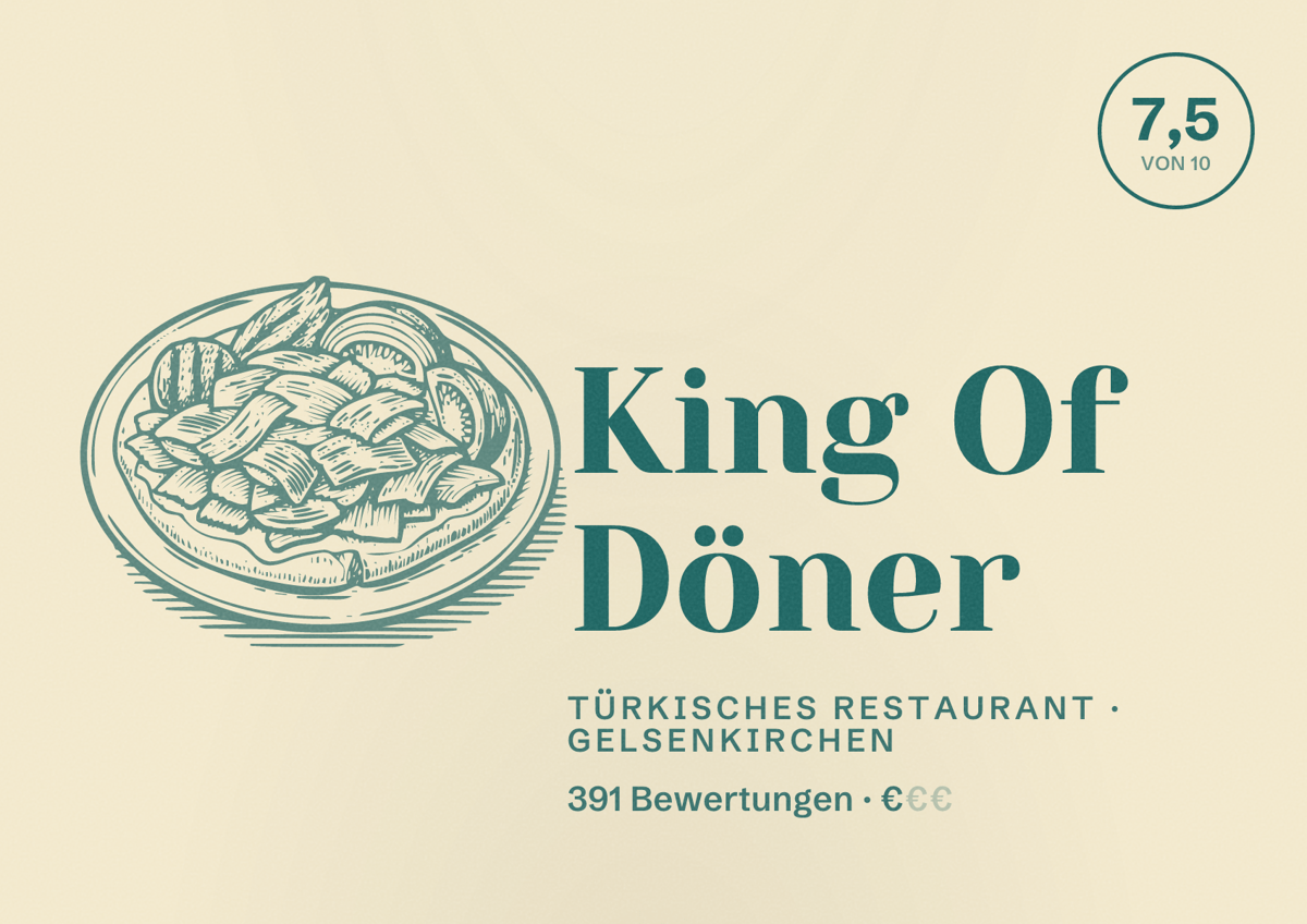 Illustriertes Poster von King Of Döner, Türkisches Restaurant in Gelsenkirchen: Bewertung 7,5 von 10 aus 391 Bewertungen, Preisniveau €