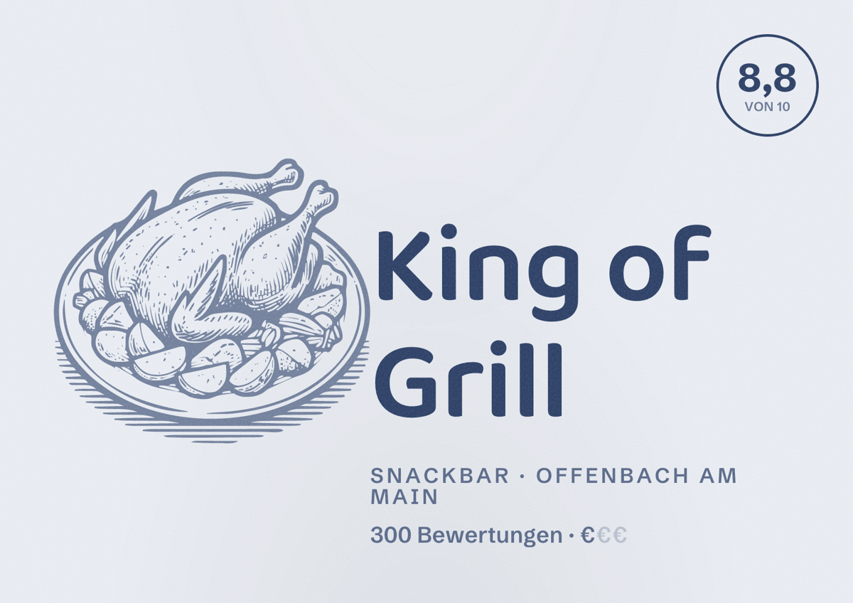 Illustriertes Poster von King of Grill, Snackbar in Offenbach am Main: Bewertung 8,8 von 10 aus 300 Bewertungen, Preisniveau €