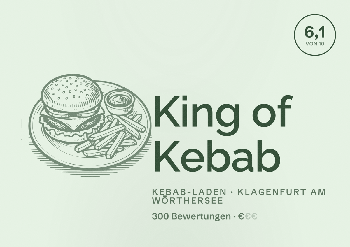 Illustriertes Poster von King of Kebab, Kebab-Laden in Klagenfurt am Wörthersee: Bewertung 6,1 von 10 aus 300 Bewertungen, Preisniveau €