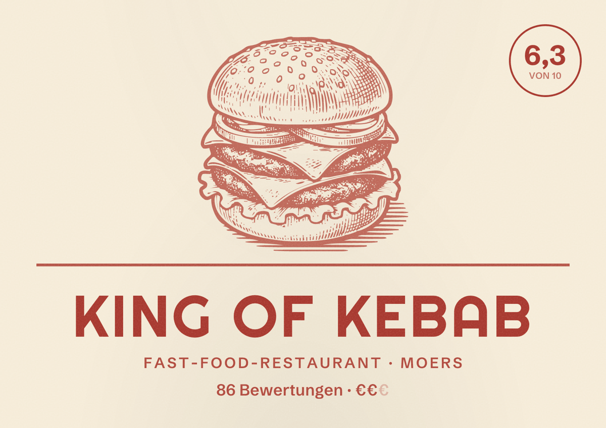 Illustriertes Poster von King Of Kebab, Fast-Food-Restaurant in Moers: Bewertung 6,3 von 10 aus 86 Bewertungen, Preisniveau €€