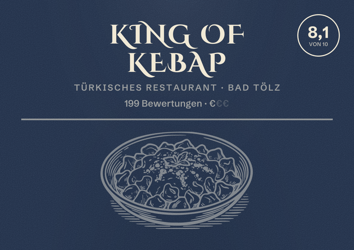 Illustriertes Poster von King of Kebap, Türkisches Restaurant in Bad Tölz: Bewertung 8,1 von 10 aus 199 Bewertungen, Preisniveau €