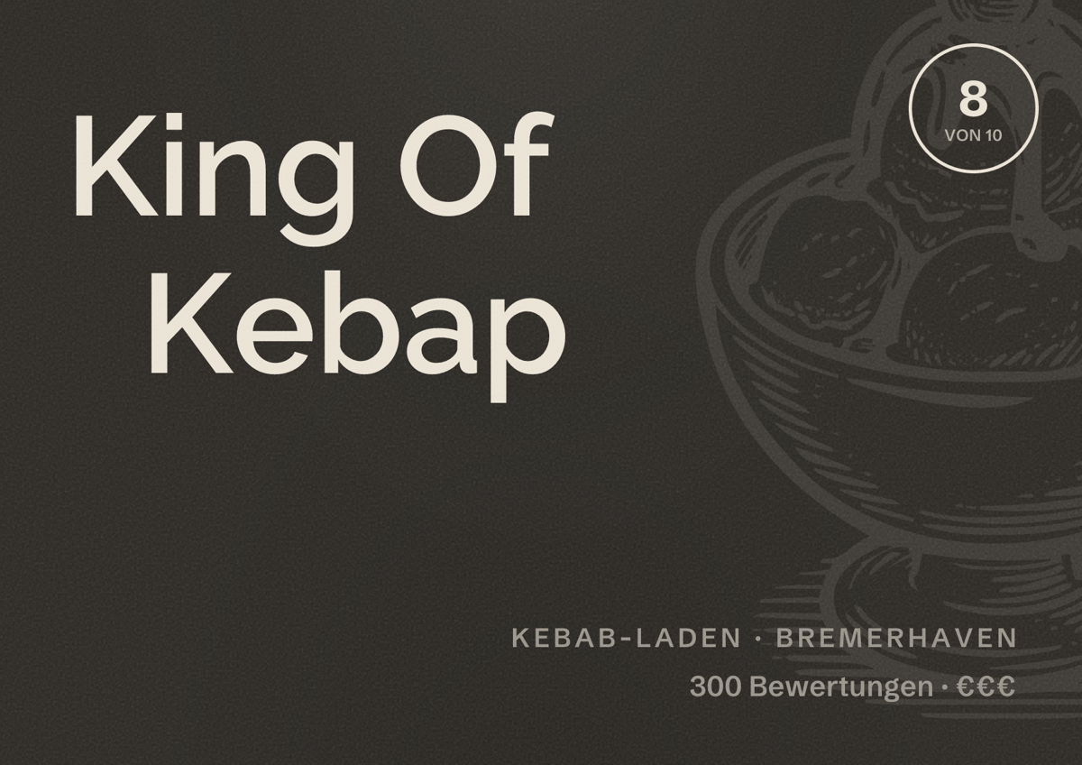 Illustriertes Poster von King Of Kebap, Kebab-Laden in Bremerhaven: Bewertung 8 von 10 aus 300 Bewertungen, Preisniveau €€€