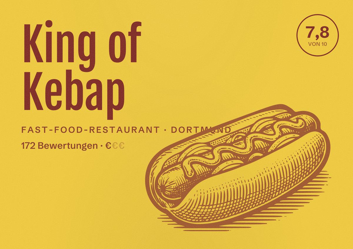 Illustriertes Poster von King of Kebap, Fast-Food-Restaurant in Dortmund: Gästebewertung 7,8 von 10 aus 172 Bewertungen