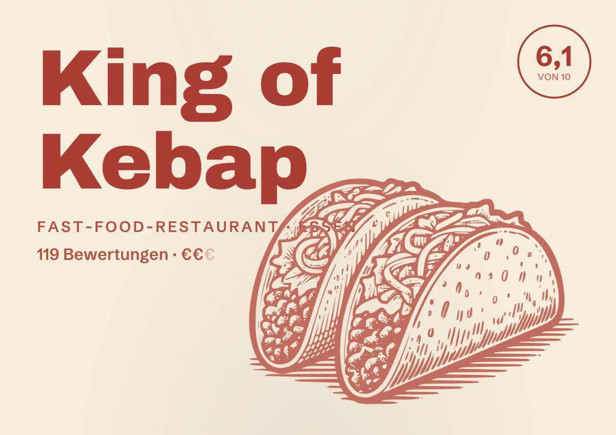 Illustriertes Poster von King of Kebap, Fast-Food-Restaurant in Essen: Bewertung 6,1 von 10 aus 119 Bewertungen, Preisniveau €€