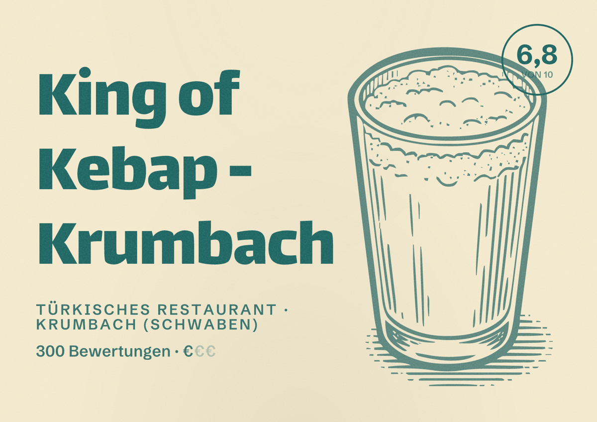 Illustriertes Poster von King of Kebap - Krumbach, Türkisches Restaurant in Krumbach (Schwaben): Bewertung 6,8 von 10 aus 300 Bewertungen, Preisniveau €