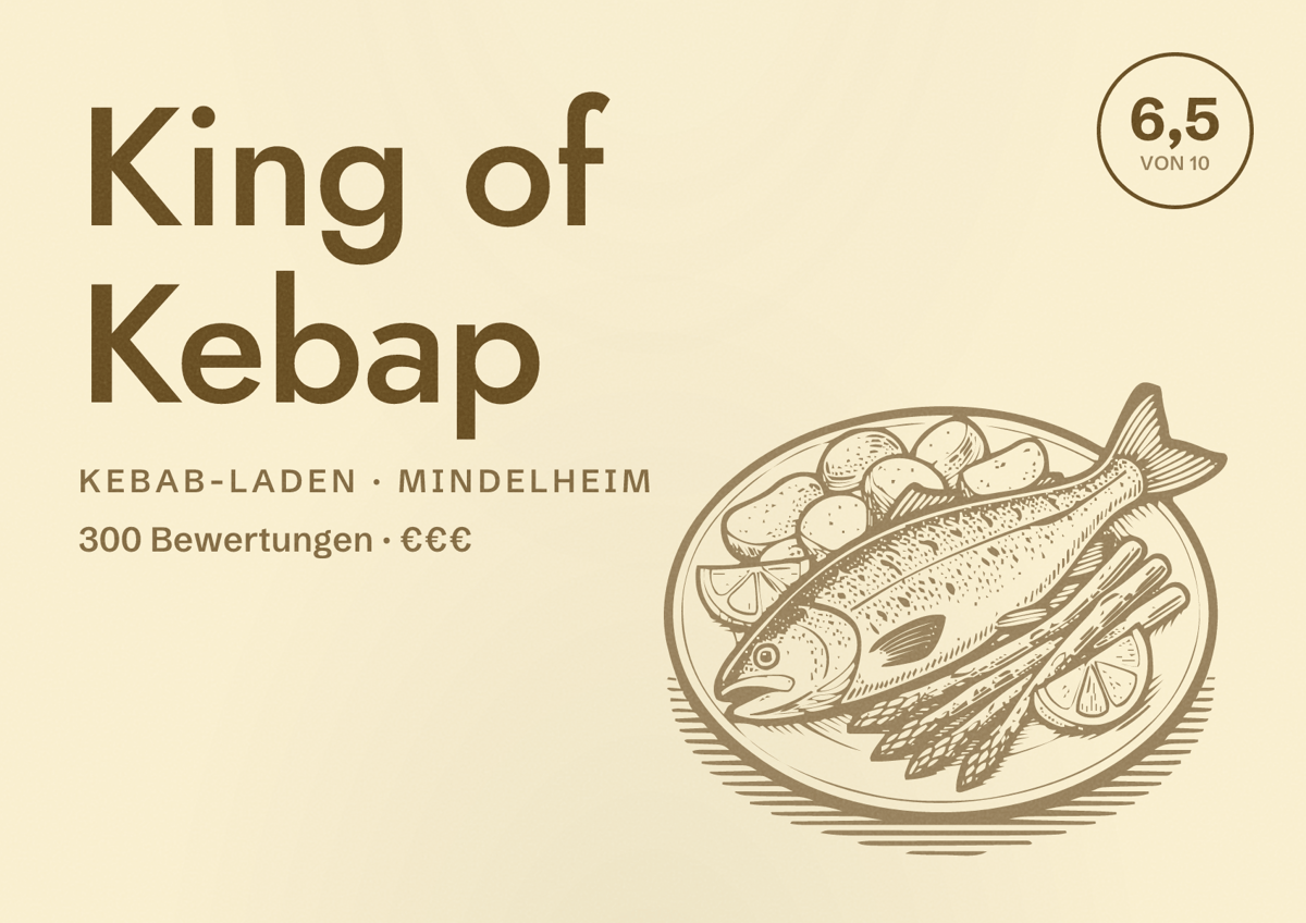 Illustriertes Poster von King of Kebap, Kebab-Laden in Mindelheim: Bewertung 6,5 von 10 aus 300 Bewertungen, Preisniveau €€€