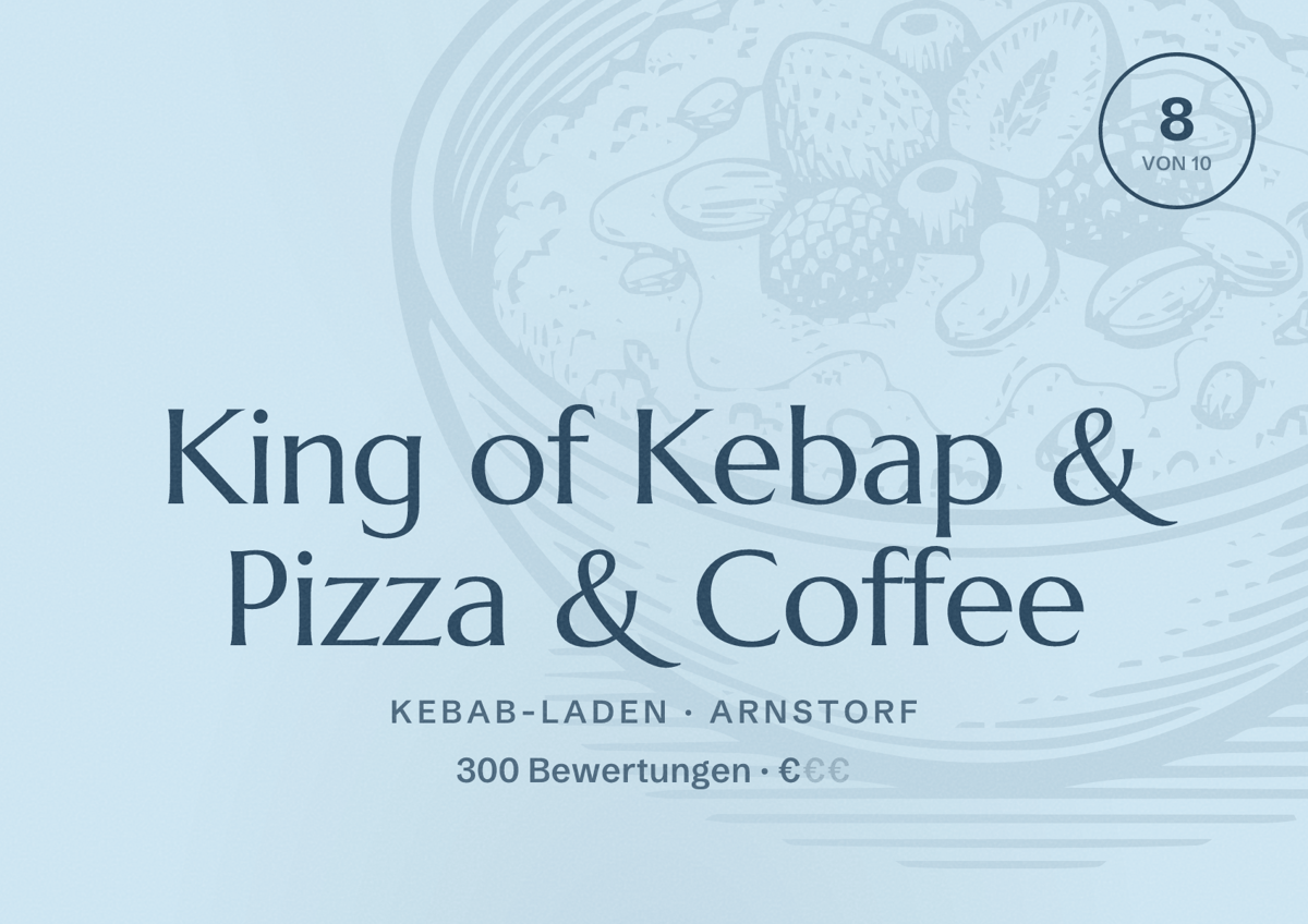 Illustriertes Poster von King of Kebap & Pizza & Coffee, Kebab-Laden in Arnstorf: Bewertung 8 von 10 aus 300 Bewertungen, Preisniveau €