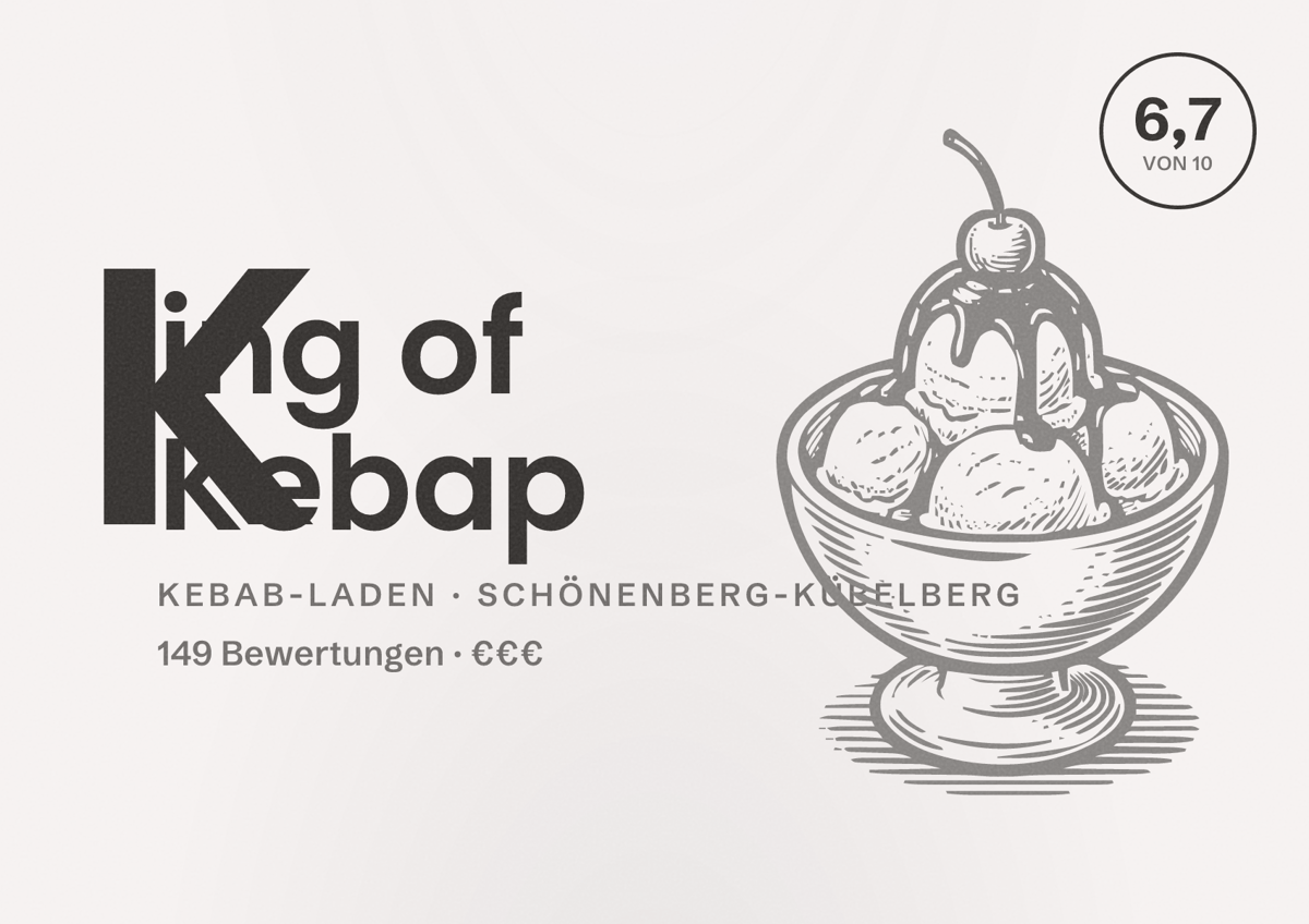Illustriertes Poster von King of Kebap, Kebab-Laden in Schönenberg-Kübelberg: Bewertung 6,7 von 10 aus 149 Bewertungen, Preisniveau €€€