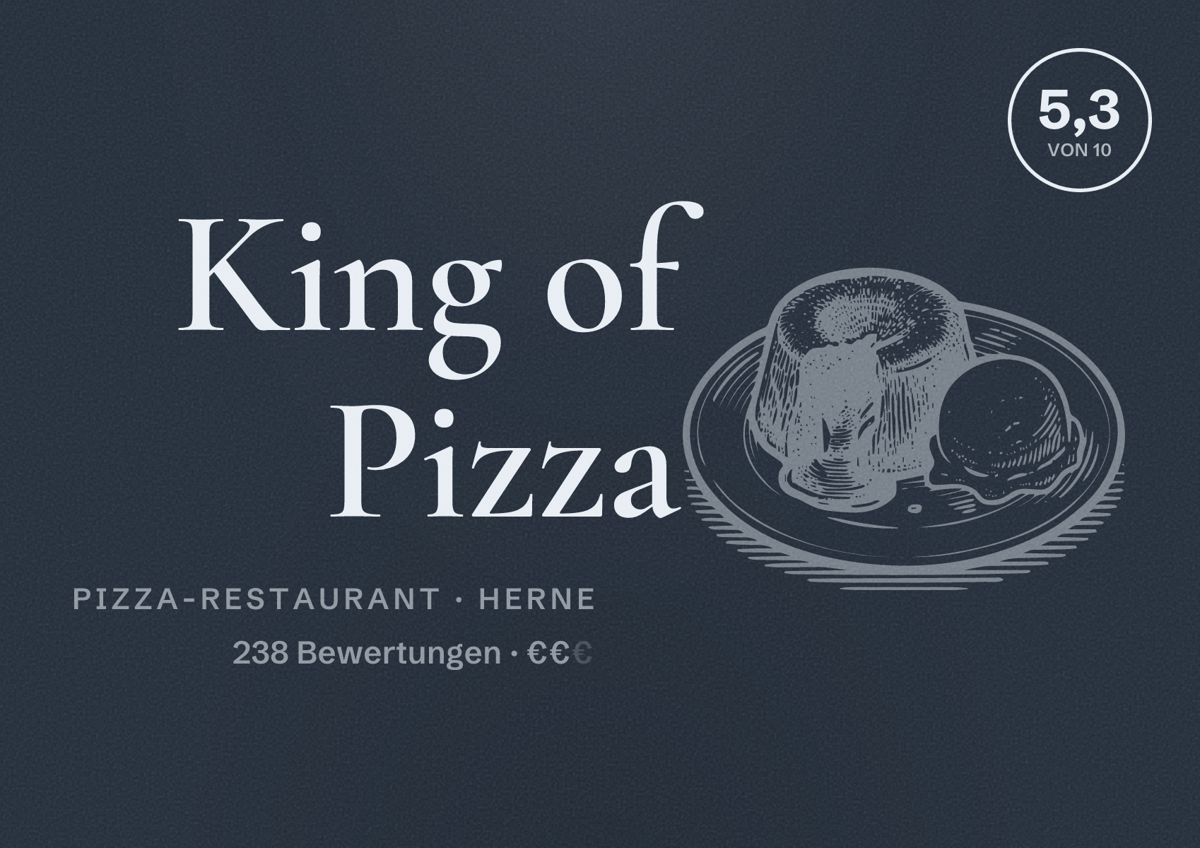 Illustriertes Poster von King of Pizza, Pizza-Restaurant in Herne: Bewertung 5,3 von 10 aus 238 Bewertungen, Preisniveau €€