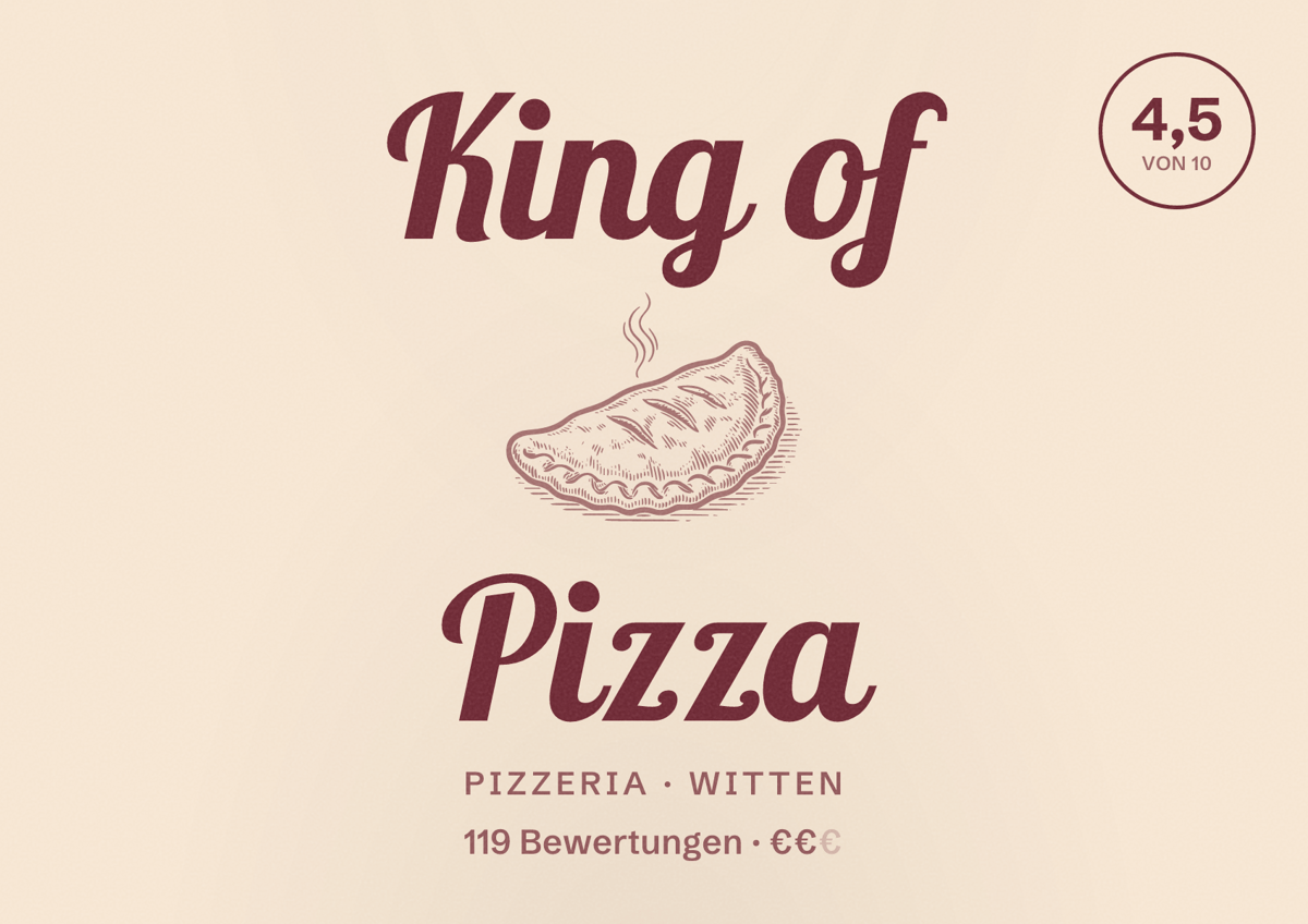 Illustriertes Poster von King of Pizza, Pizzeria in Witten: Bewertung 4,5 von 10 aus 119 Bewertungen, Preisniveau €€