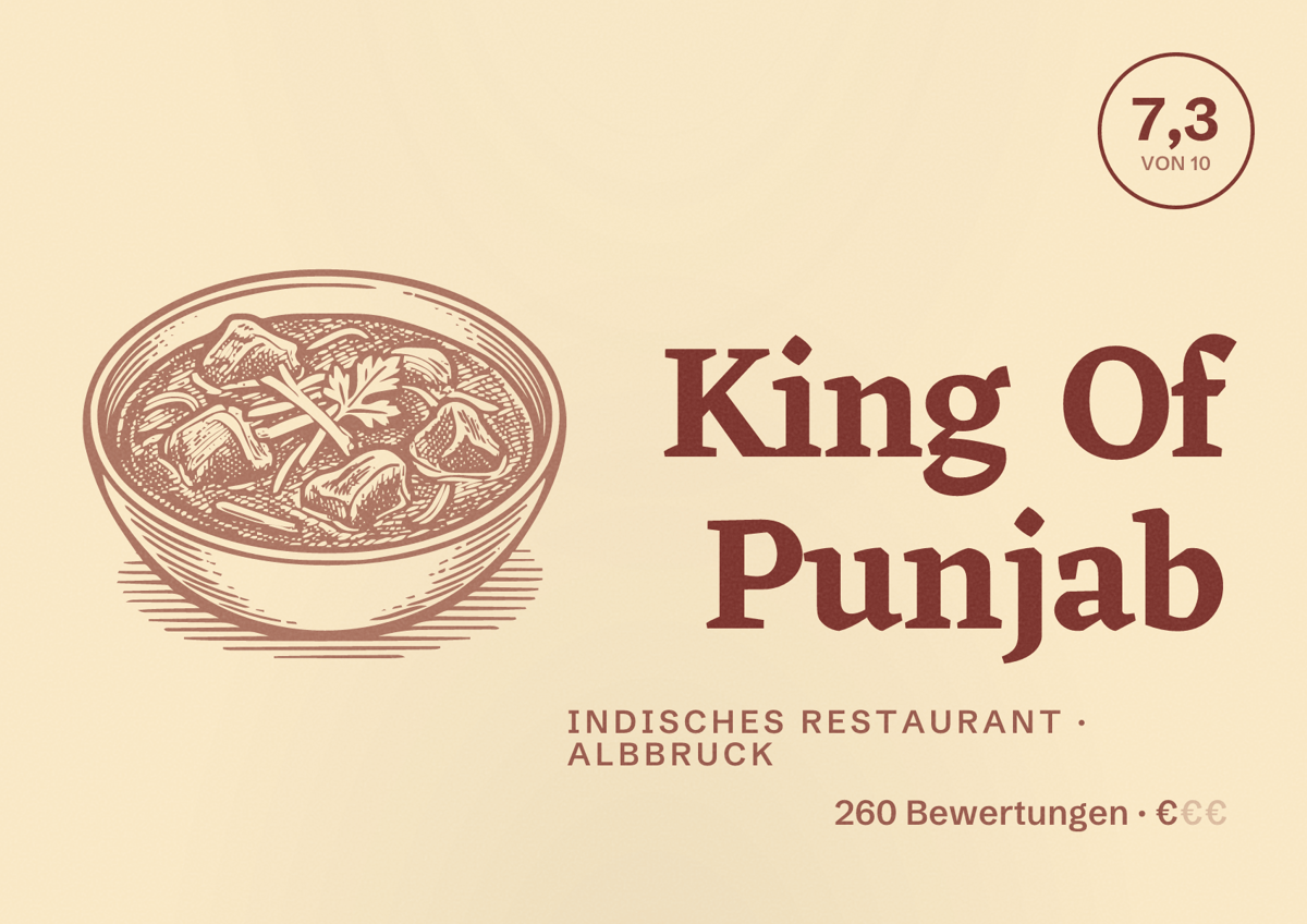 Illustriertes Poster von King Of Punjab, Indisches Restaurant in Albbruck: Bewertung 7,3 von 10 aus 260 Bewertungen, Preisniveau €