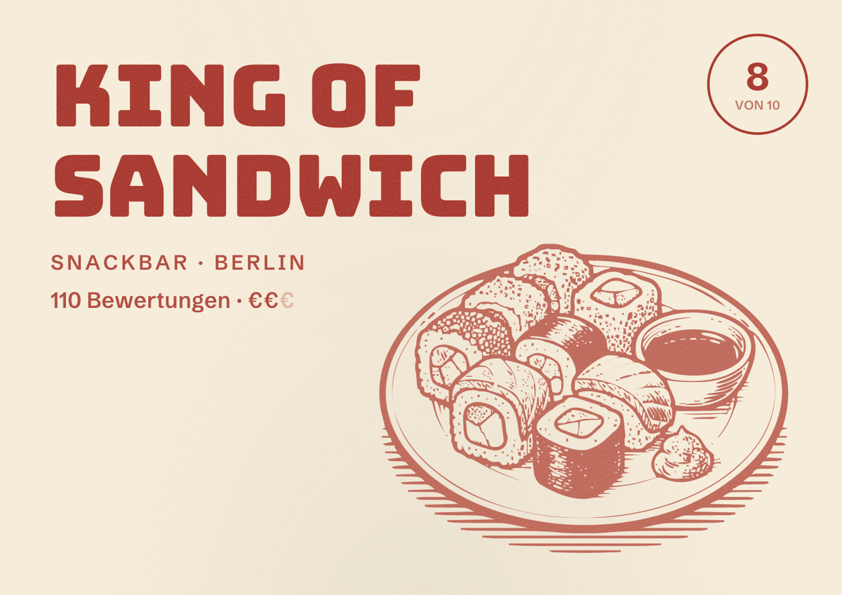 Illustriertes Poster von King Of Sandwich, Snackbar in Berlin: Bewertung 8,0 von 10 aus 110 Bewertungen, Preisniveau €€