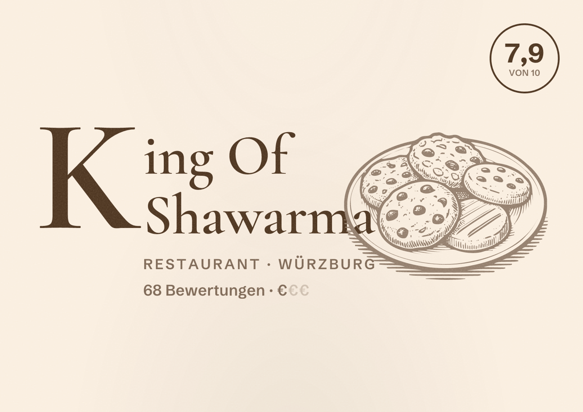 Illustriertes Poster von King Of Shawarma, Restaurant in Würzburg: Bewertung 7,9 von 10 aus 68 Bewertungen, Preisniveau €