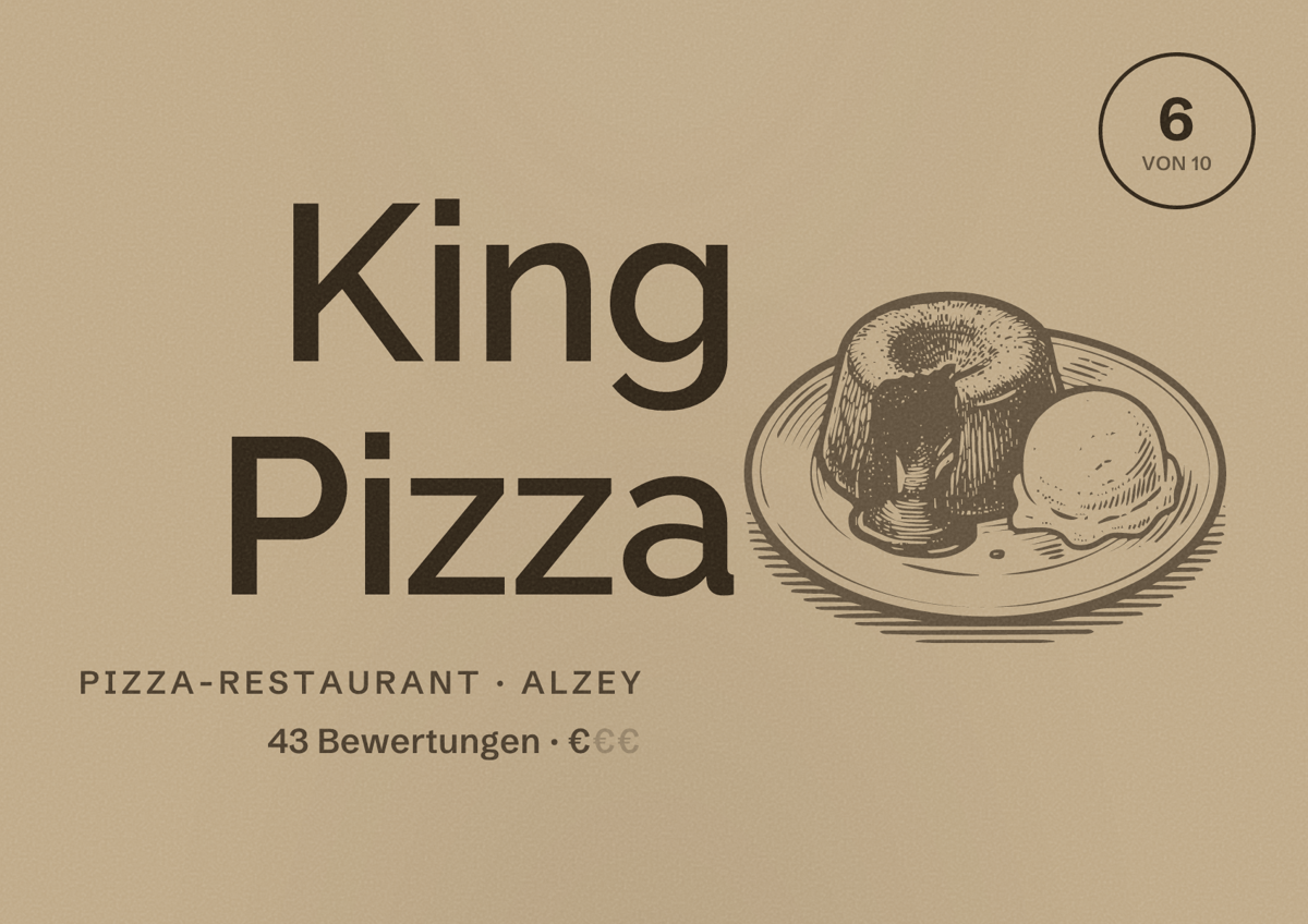 Illustriertes Poster von King Pizza, Pizza-Restaurant in Alzey: Bewertung 6 von 10 aus 43 Bewertungen, Preisniveau €