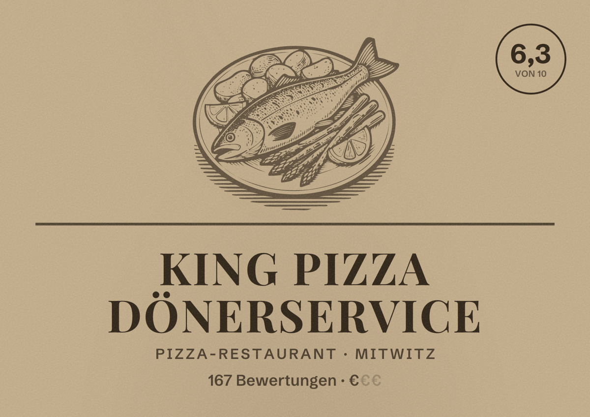Illustriertes Poster von King Pizza Dönerservice, Pizza-Restaurant in Mitwitz: Bewertung 6,3 von 10 aus 167 Bewertungen, Preisniveau €