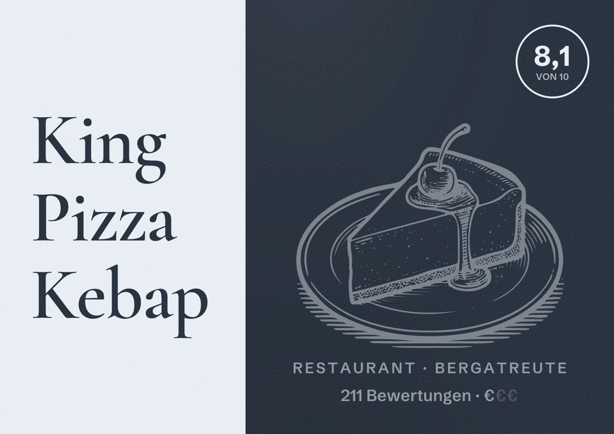 Illustriertes Poster von King Pizza Kebap, Restaurant in Bergatreute: Bewertung 8,1 von 10 aus 211 Bewertungen, Preisniveau €
