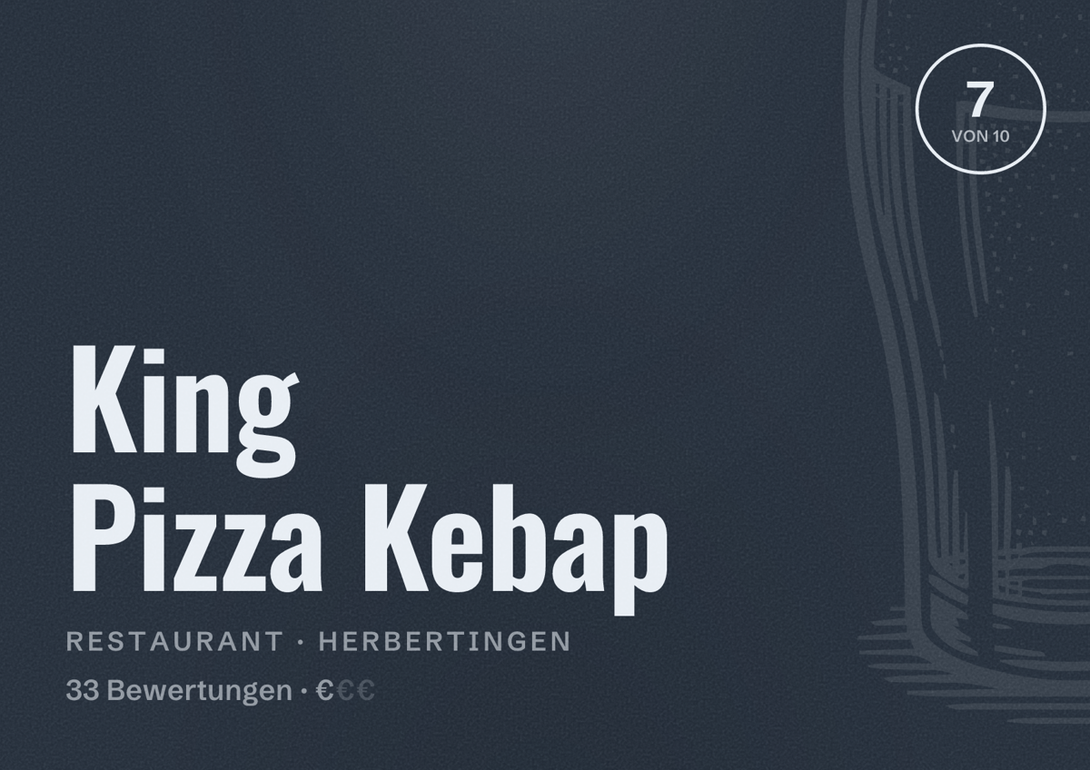 Illustriertes Poster von King Pizza Kebap, Restaurant in Herbertingen: Bewertung 7 von 10 aus 33 Bewertungen, Preisniveau €