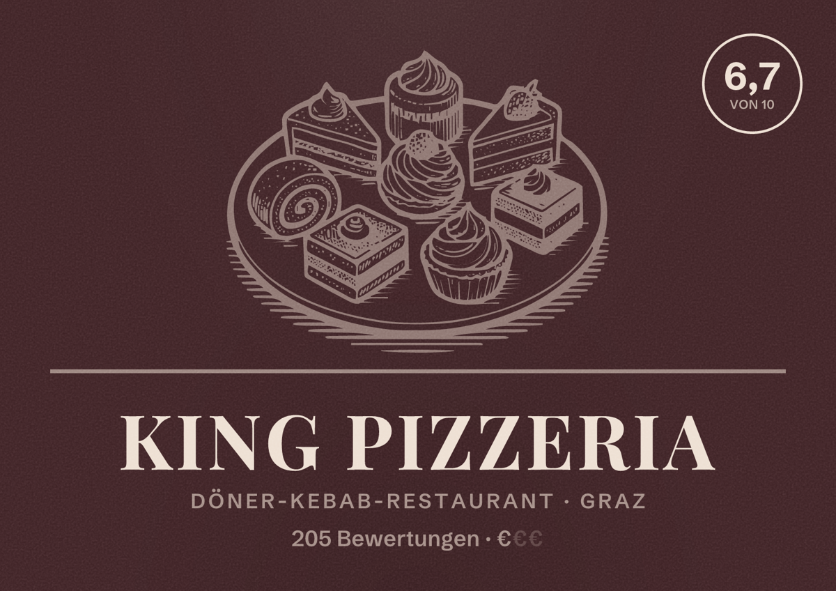 Illustriertes Poster von King Pizzeria, Döner-Kebab-Restaurant in Graz: Bewertung 6,7 von 10 aus 205 Bewertungen, Preisniveau €