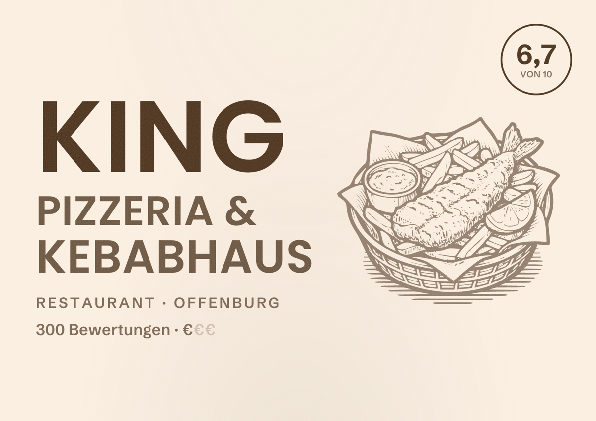 Illustriertes Poster von King Pizzeria & Kebabhaus, Restaurant in Offenburg: Bewertung 6,7 von 10 aus 300 Bewertungen, Preisniveau €