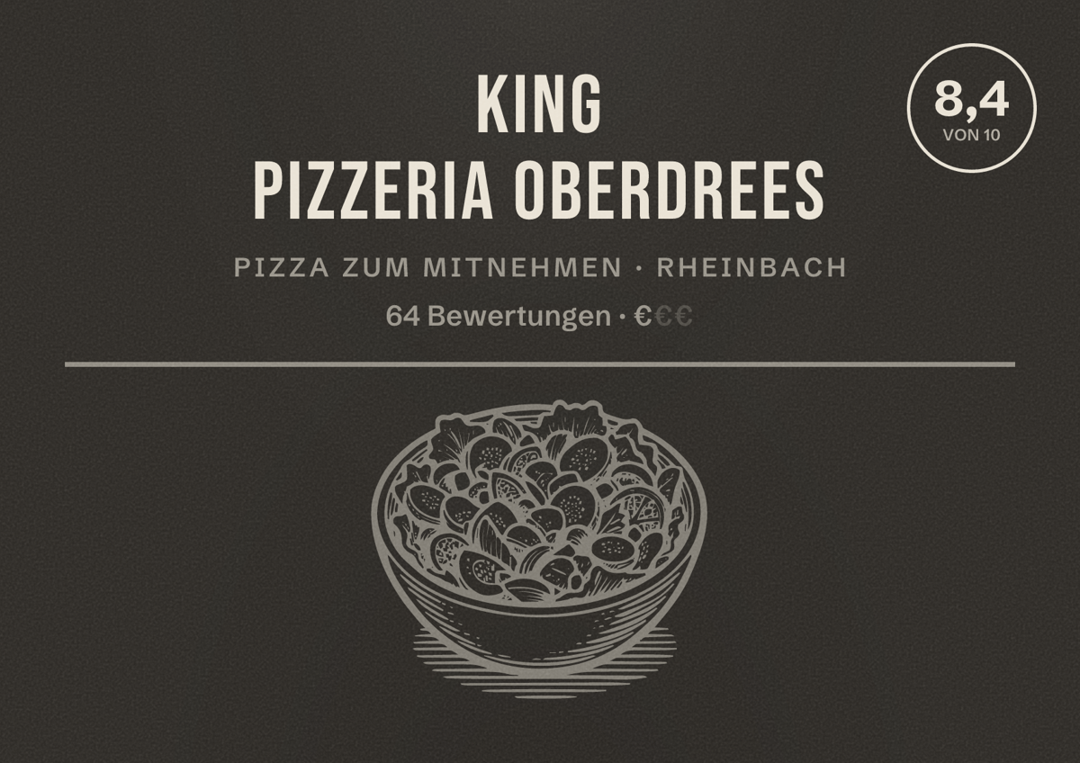 Illustriertes Poster von King Pizzeria Oberdrees, Pizza zum Mitnehmen in Rheinbach: Bewertung 8,4 von 10 aus 64 Bewertungen, Preisniveau €