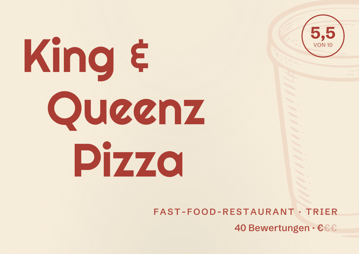 Illustriertes Poster von King & Queenz Pizza, Fast-Food-Restaurant in Trier: Bewertung 5,5 von 10 aus 40 Bewertungen, Preisniveau €
