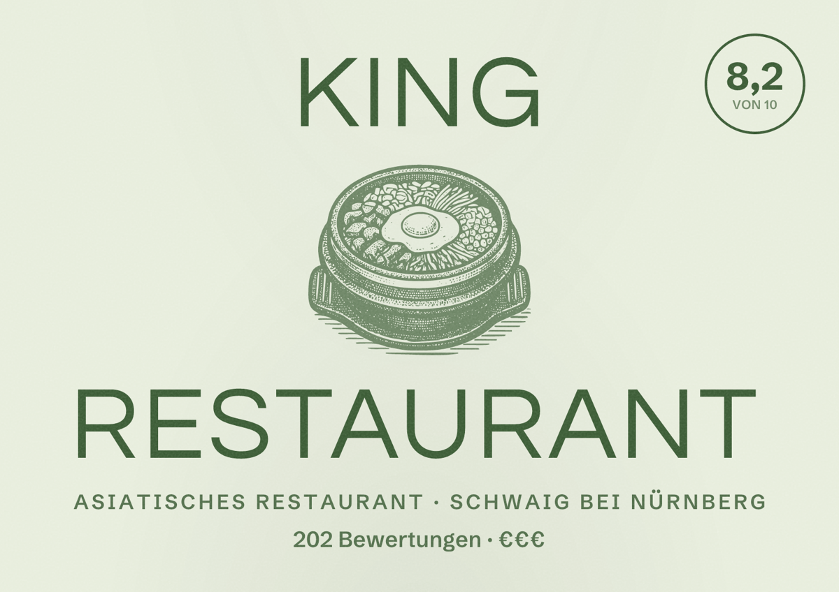Illustriertes Poster von KING RESTAURANT, Asiatisches Restaurant in Schwaig bei Nürnberg: Bewertung 8,2 von 10 aus 202 Bewertungen, Preisniveau €€€