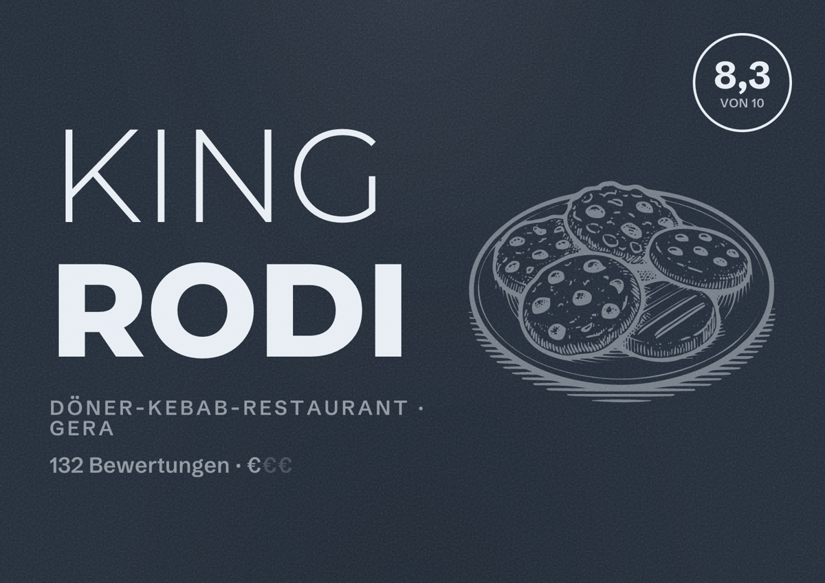 Illustriertes Poster von KING RODI, Döner-Kebab-Restaurant in Gera: Bewertung 8,3 von 10 aus 132 Bewertungen, Preisniveau €